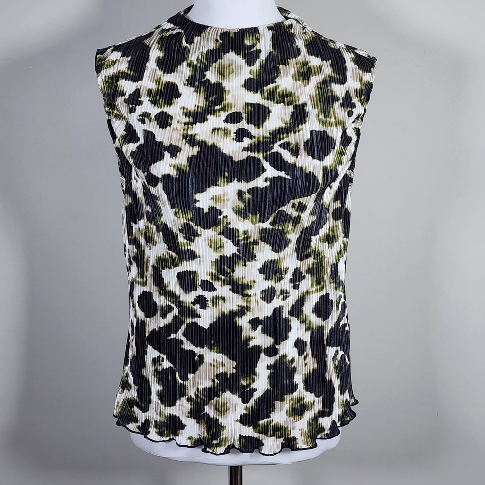 DKNY Pleated Blouse Top M Black Green Abstract Earthy Granola Chic Modern Office